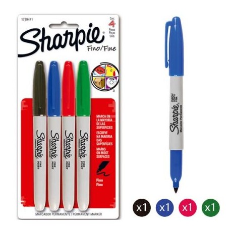 BER-MAR-SHARP4 / 1825090 Marcador Permanente Sharpie Punto Fino Surtido 4pz